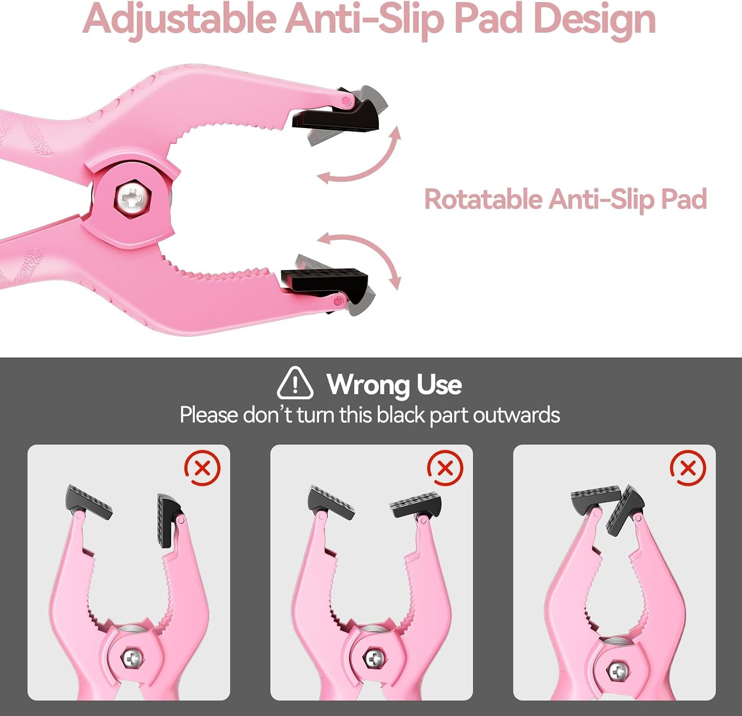 EMART pink spring clamp showing pivoting black grip pads and examples of incorrect outward pad positioning.