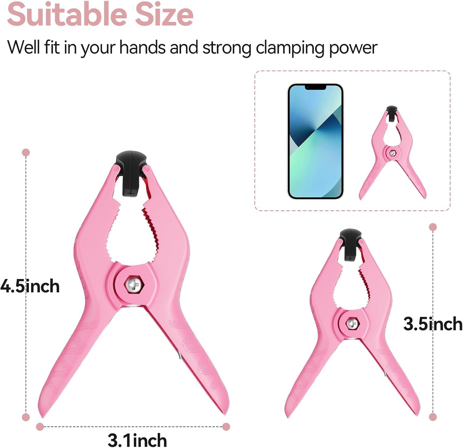 EMART pink spring clamps with 4.5-inch and 3.5-inch size labels and a smartphone for scale.