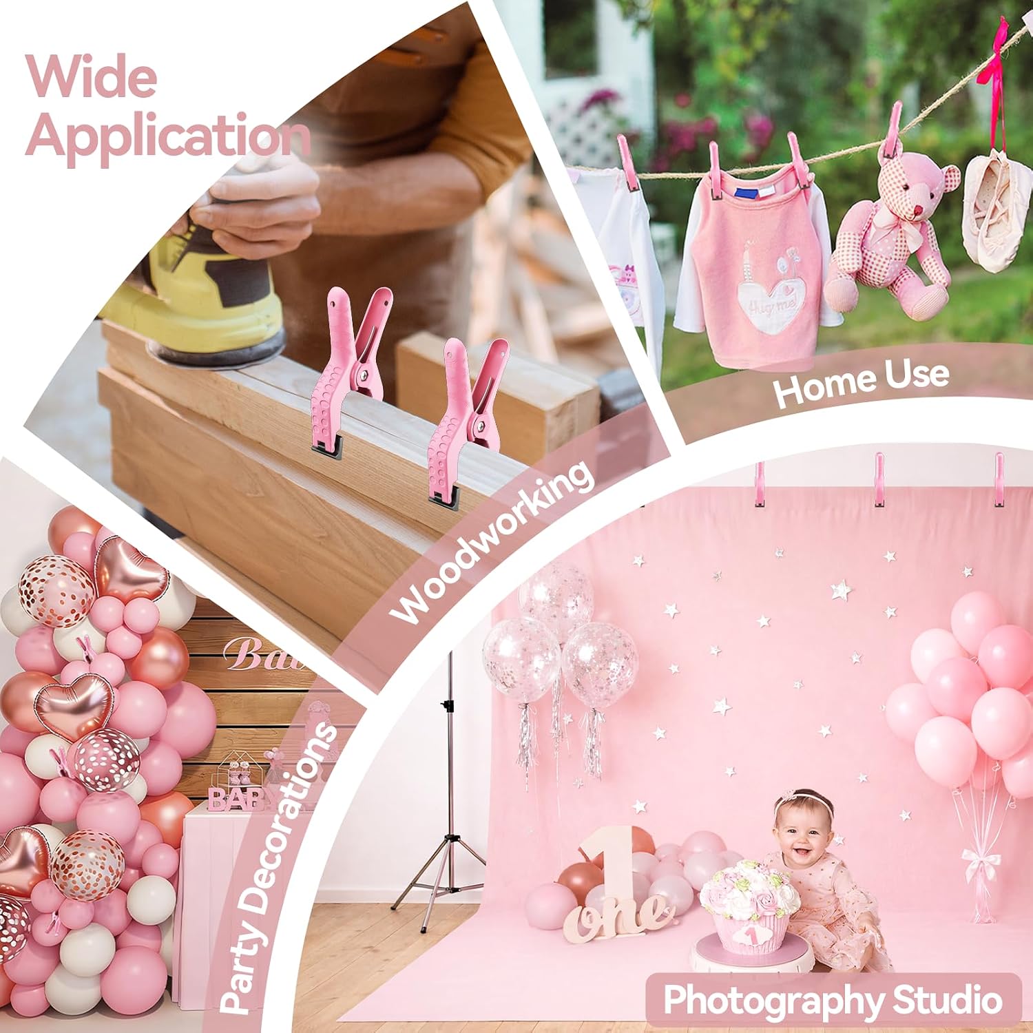 Pink spring clamps used for woodworking, laundry, party decorations, and a photography backdrop.