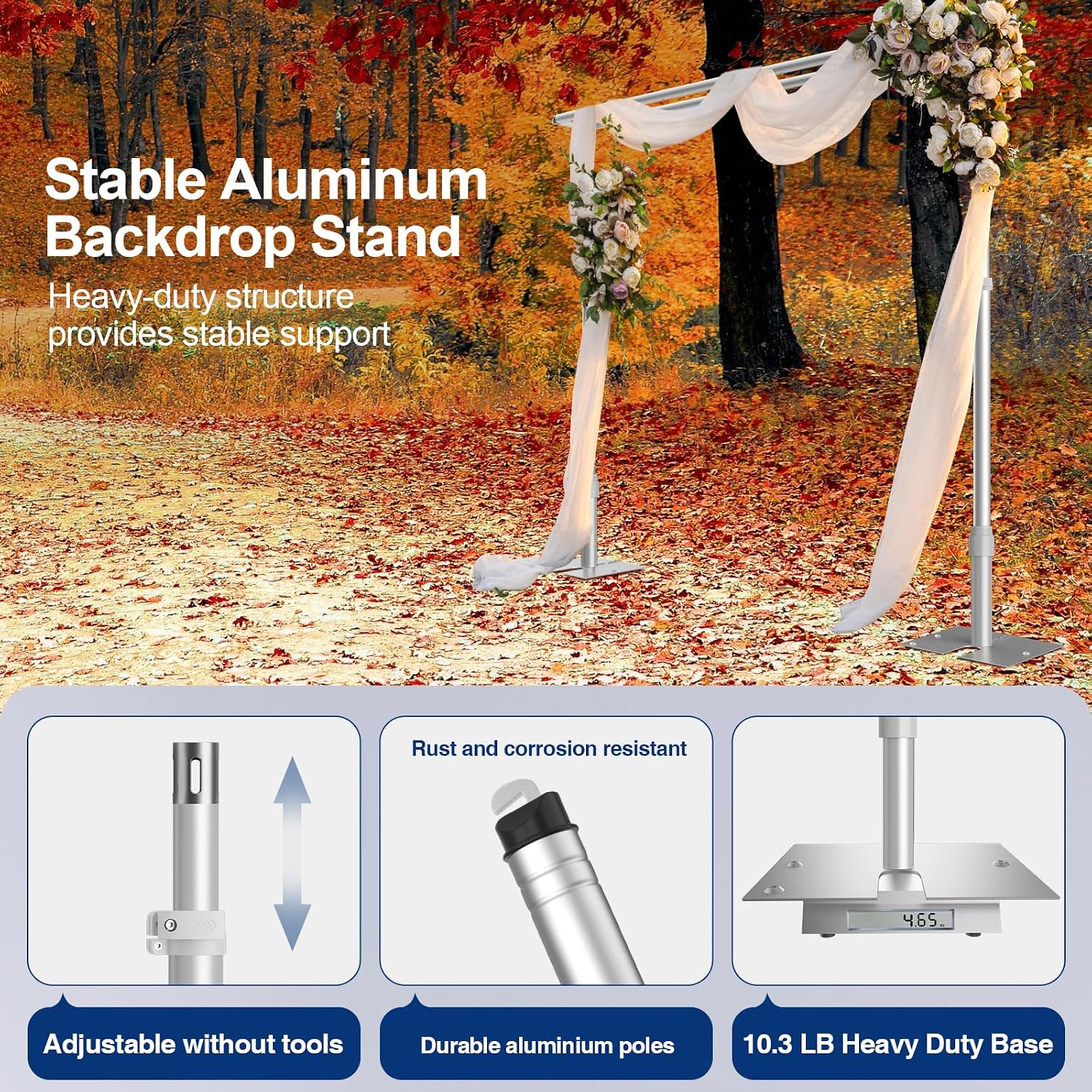 Backdrop stand with white wedding drapes and flowers in an autumn setting, with upright and flat base close-ups.