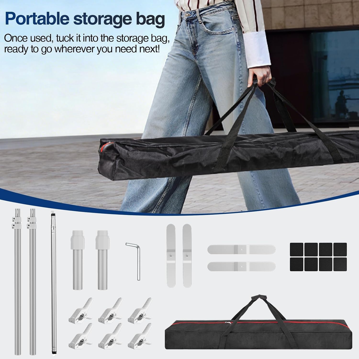 Person carrying a black backdrop stand bag above a layout of poles, base plates, clamps, pads and hardware.