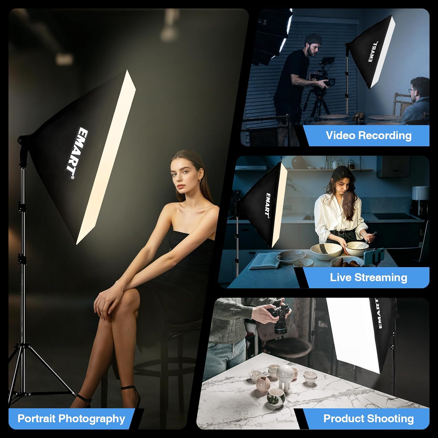 EMART rectangular softbox used for portrait photography, video recording, cooking livestreams, and product photos.