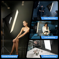 EMART rectangular softbox used for portrait photography, video recording, cooking livestreams, and product photos.
