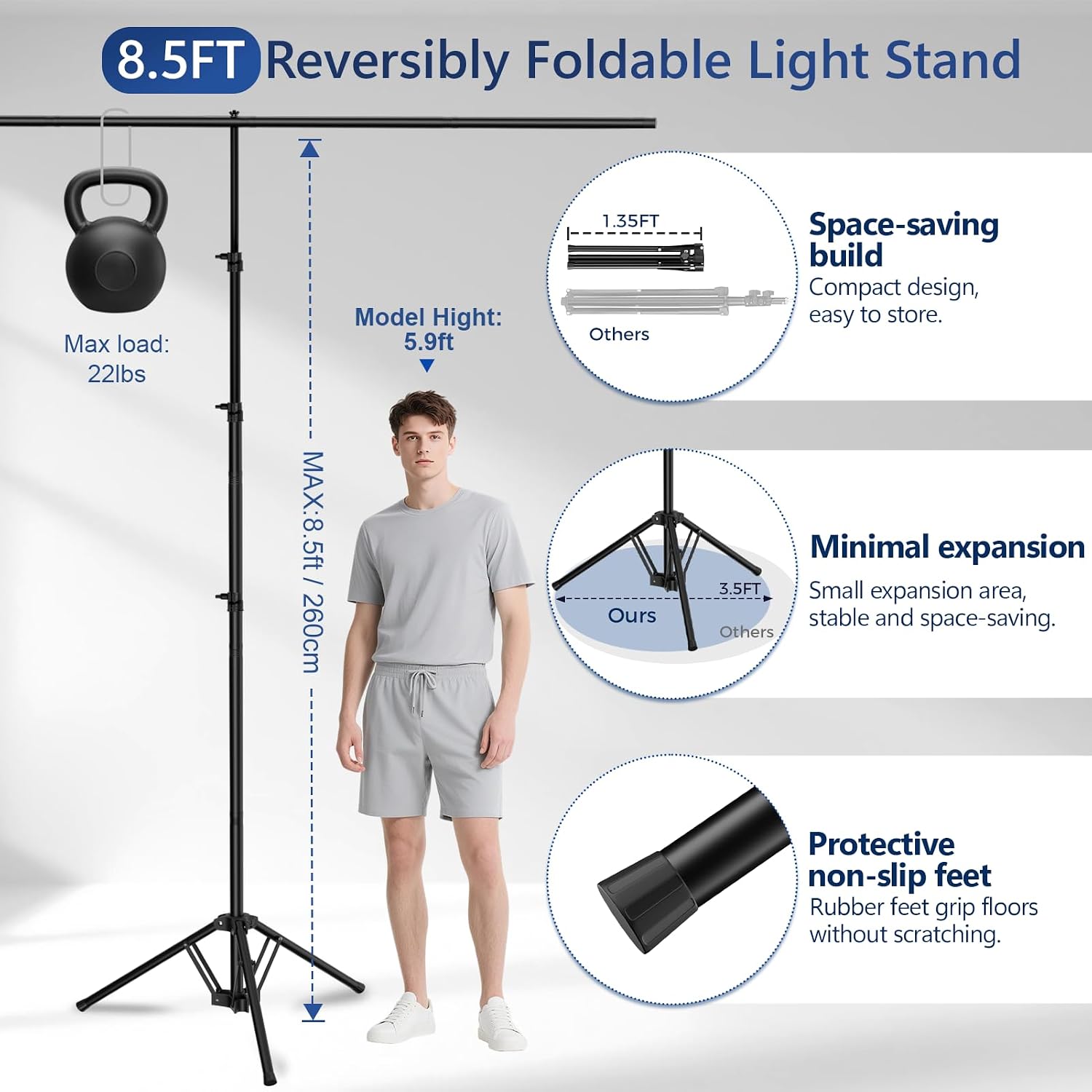 EMART 8.5-foot reverse-folding stand beside a person for scale, with close-ups of folded size, tripod footprint and rubber feet.