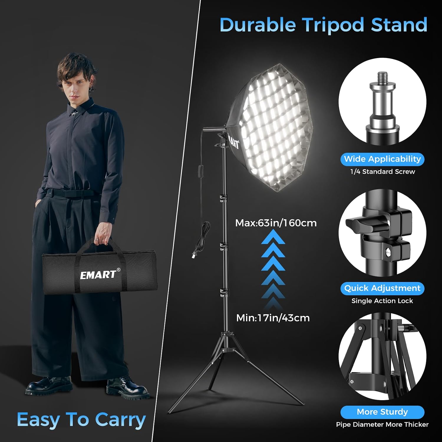 EMART softbox tripod stand with 17–63 inch height adjustment, locking clamps and carrying bag