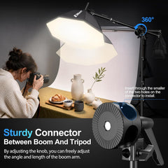 Overhead softbox lighting a tabletop food shoot, with a close-up of the adjustable boom-to-tripod connector.