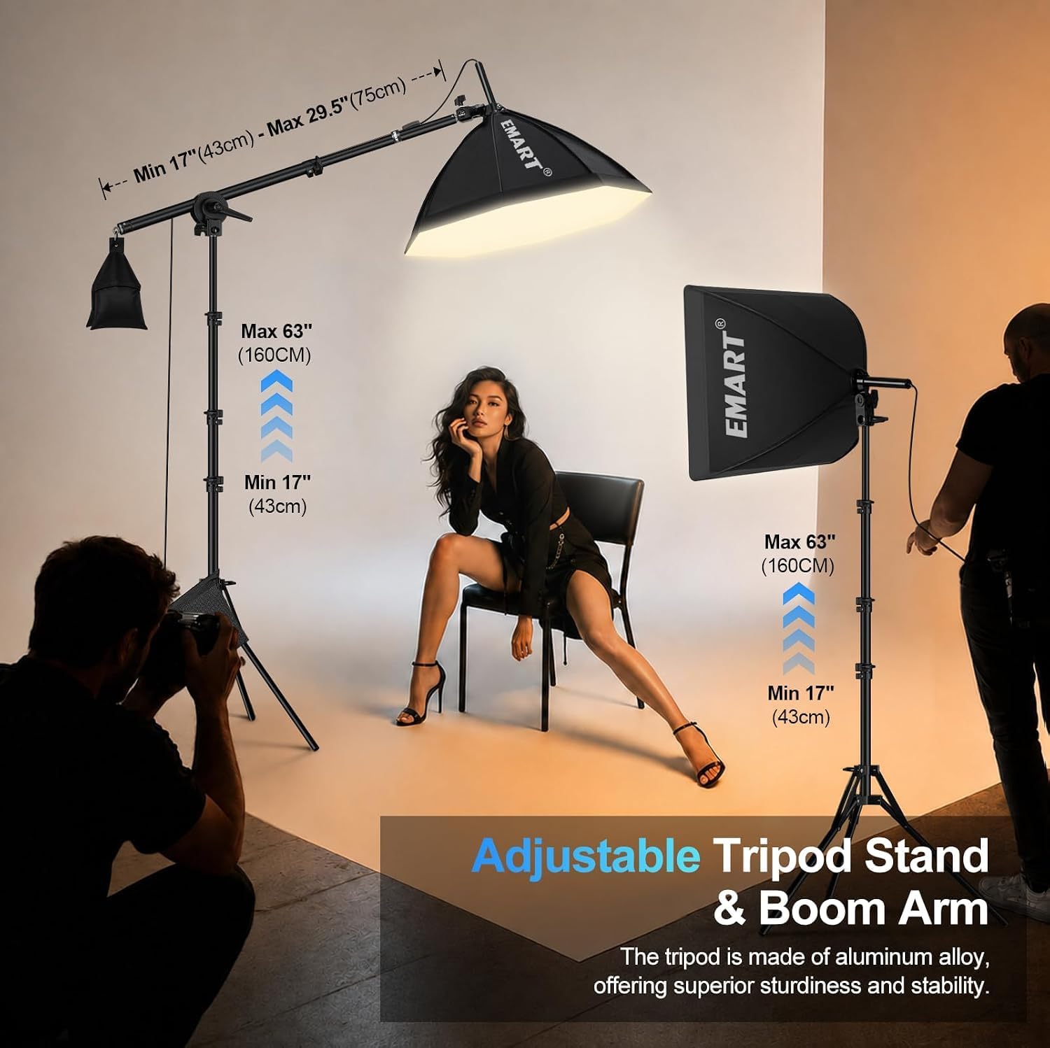 Portrait setup with two softboxes showing 17-to-63-inch stand height and 17-to-29.5-inch boom arm length labels.