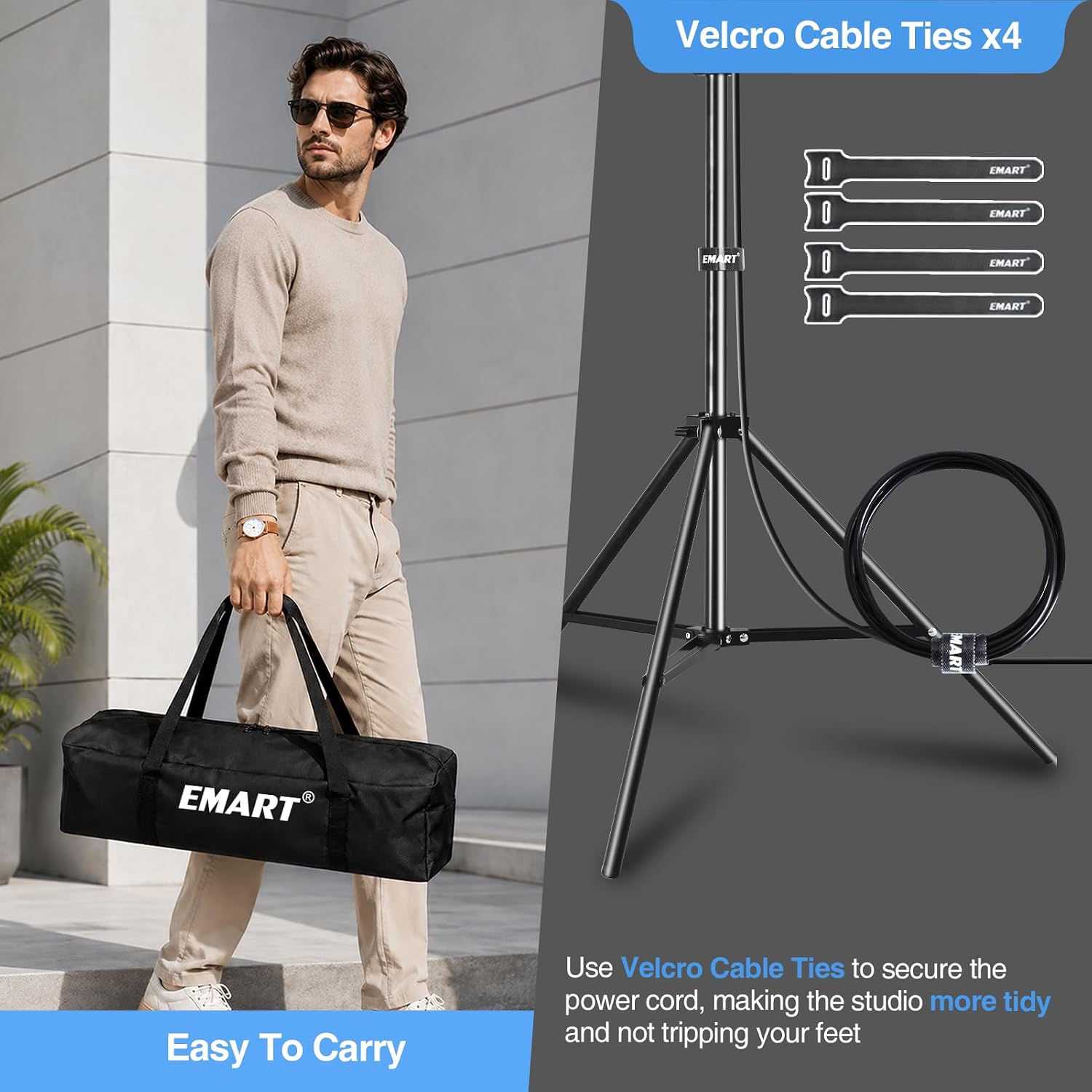 Man carrying an EMART lighting bag beside a tripod stand and cable ties used to organize the power cord.