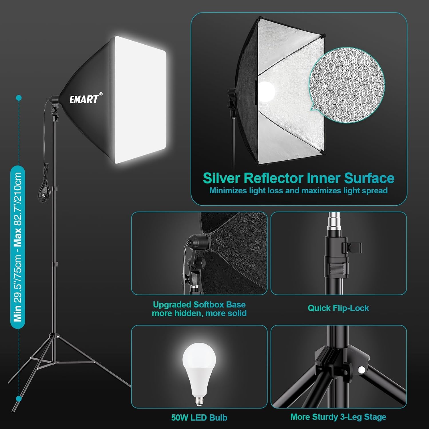 EMART photography softbox with features highlighted on a dark background