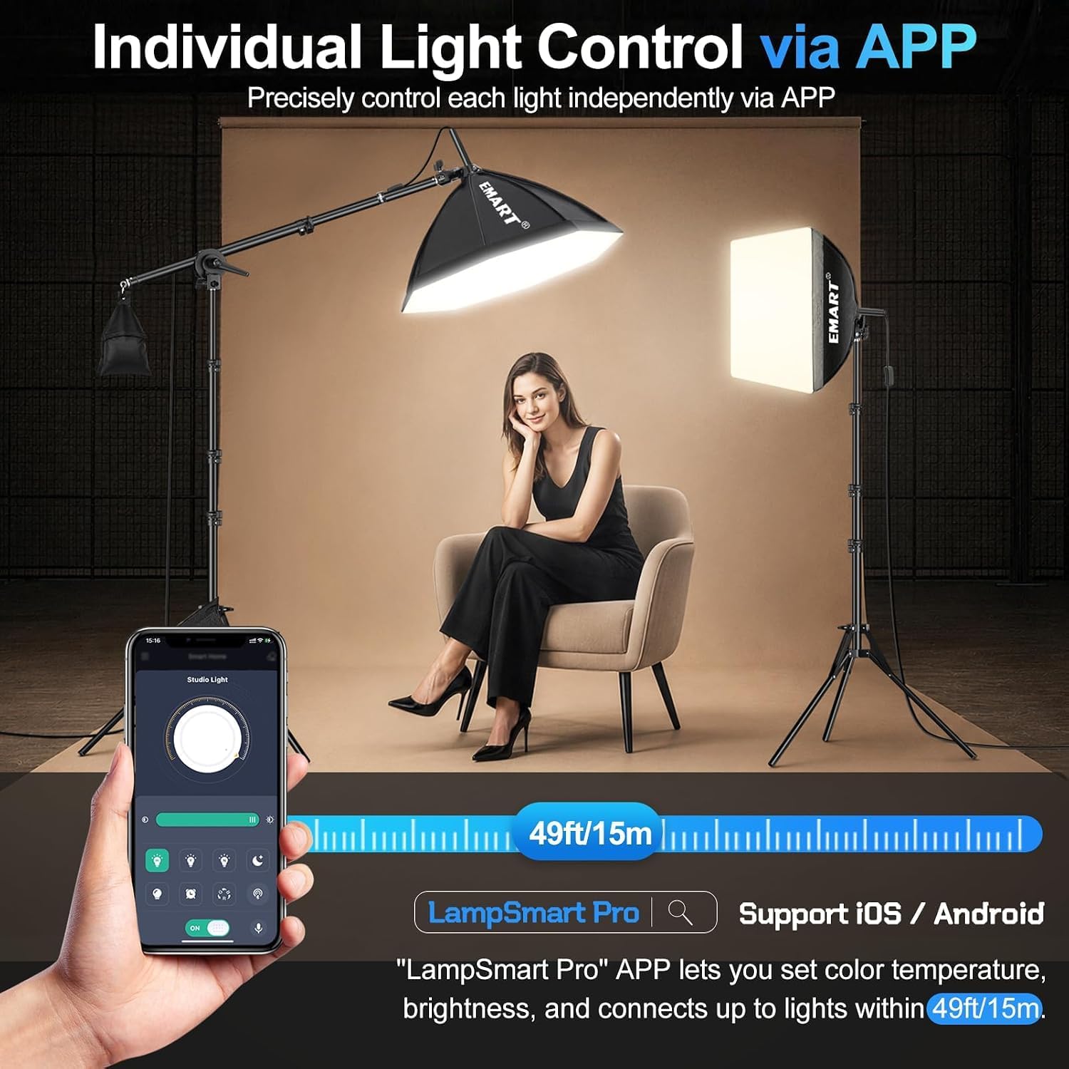 Phone displaying LampSmart Pro beside a seated model lit by an overhead softbox and a side softbox.