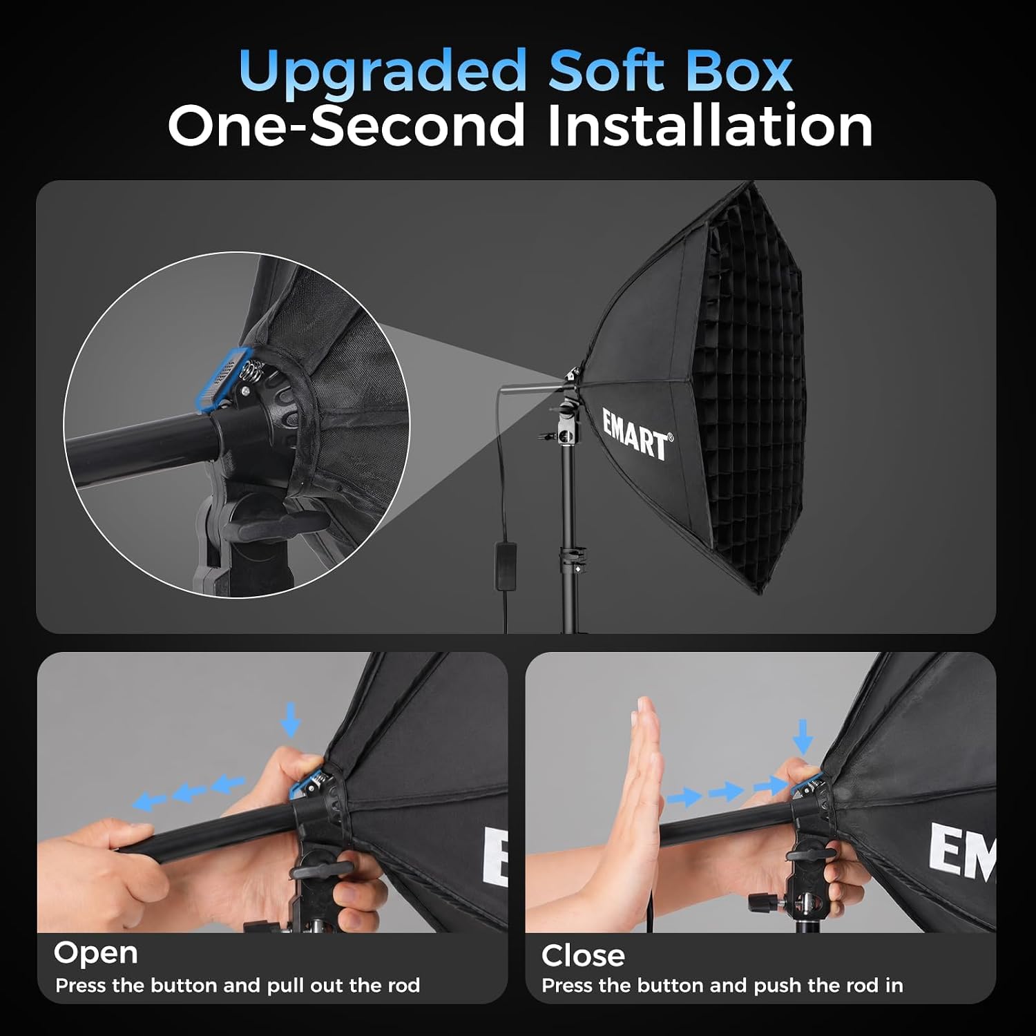 EMART octagonal softbox showing the push-button mechanism and steps for opening and closing the frame