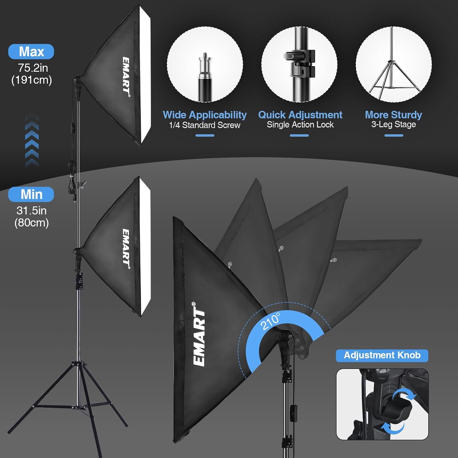 EMART softbox stand with height adjustment, tilt positions, locking clamps, and tripod base details.