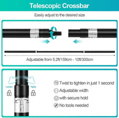 Telescopic crossbar adjustment infographic showing a black and silver adjustable bar, arrows indicating extension, a measurement range of 5.2ft/159cm to 10ft/300cm, and feature callouts including twist to tighten in 1 second, adjustable width, secure hold, and no tools needed.