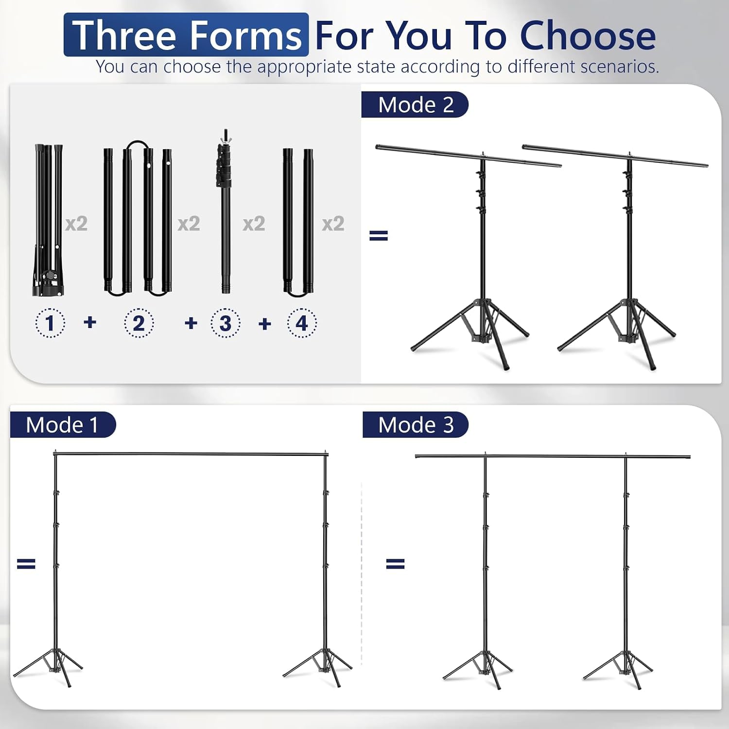 EMART backdrop stand components and three assembly options: standard frame, two T-shaped stands and an extended crossbar on two uprights.