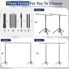EMART backdrop stand components and three assembly options: standard frame, two T-shaped stands and an extended crossbar on two uprights.