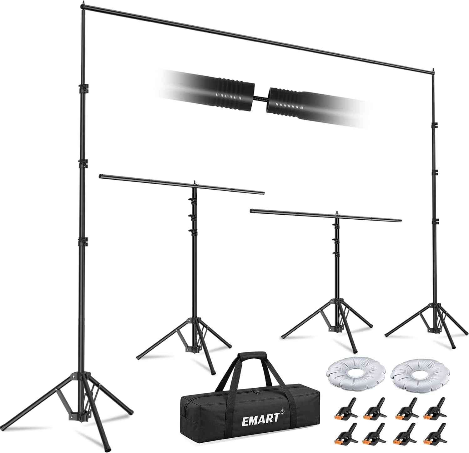 EMART backdrop stand shown in standard and T-shaped configurations with a carrying bag, two water weight bags and eight spring clamps.