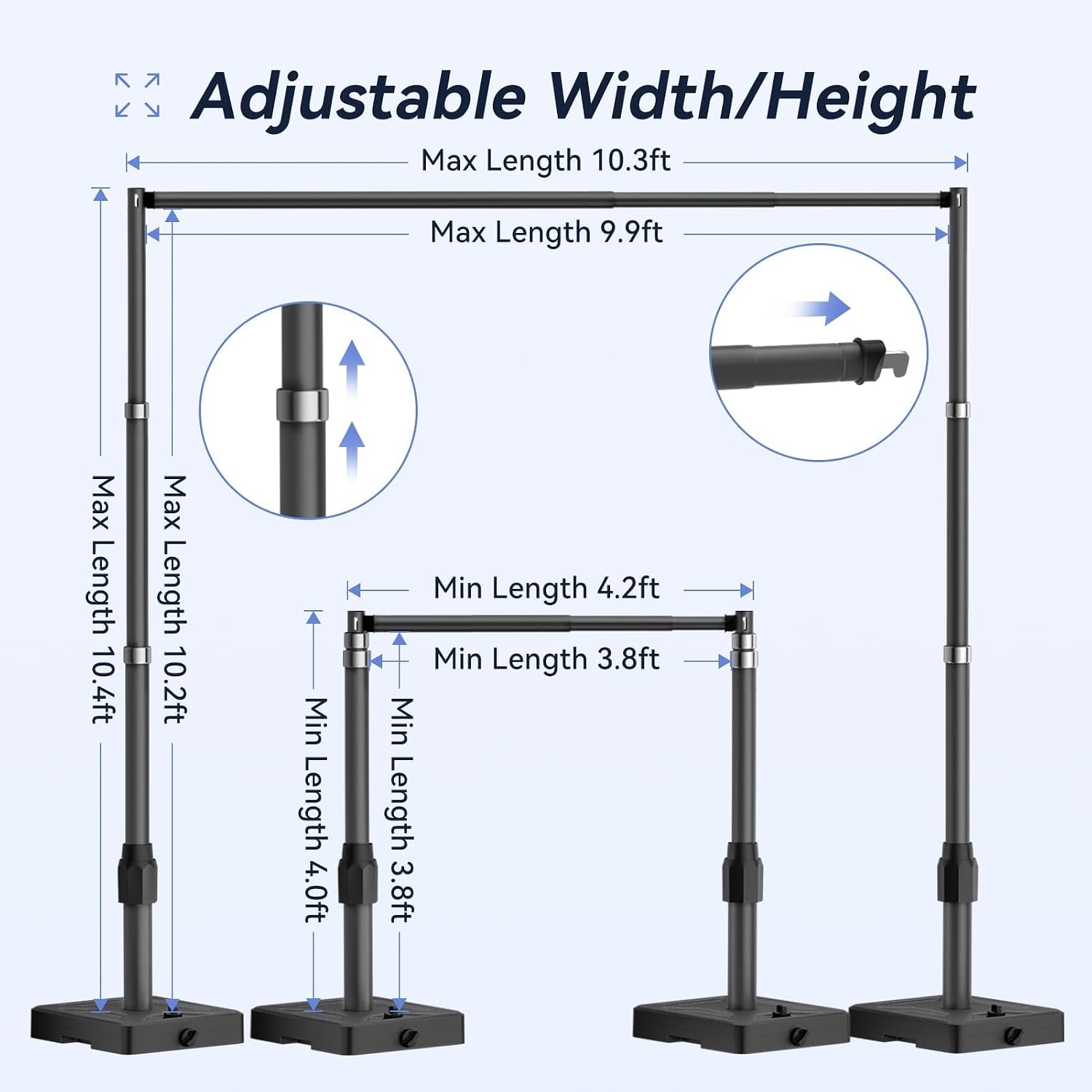 Water-base backdrop stand diagram showing extended and retracted height and width with connector close-ups.