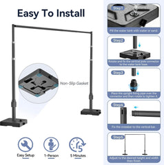 Five-step backdrop stand installation guide with a close-up of non-slip pads beneath the water tank base.