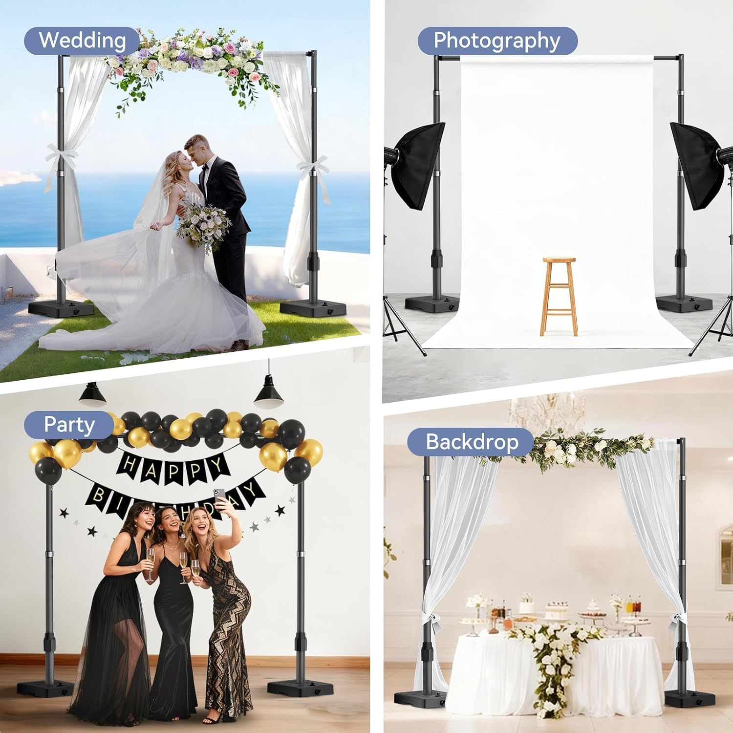 Water-base backdrop stand collage showing a wedding, portrait studio, birthday party and draped dessert table.