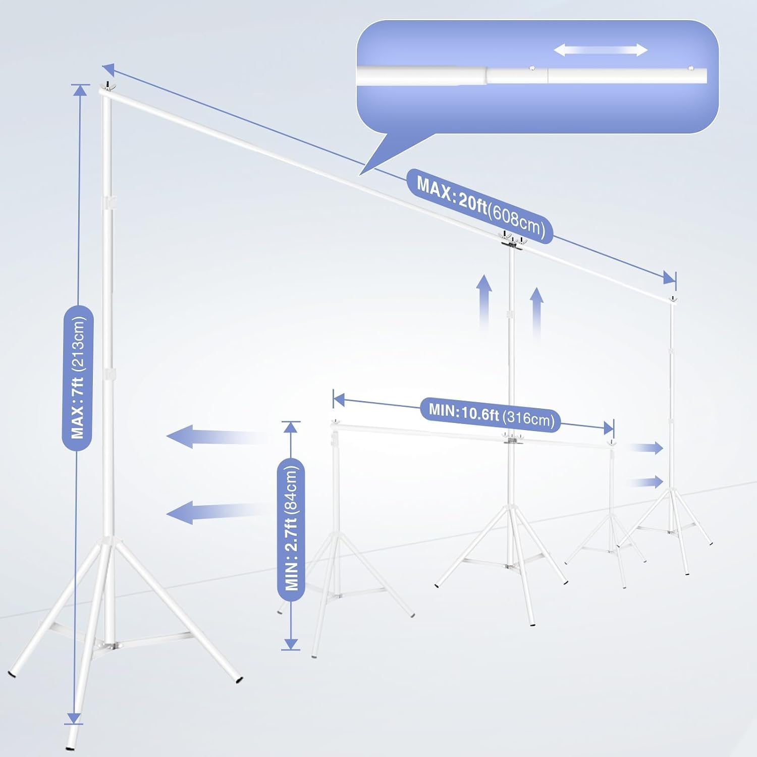 White EMART backdrop stand dimension diagram showing maximum width of 20 feet, maximum height of 7 feet and compact adjustment settings.