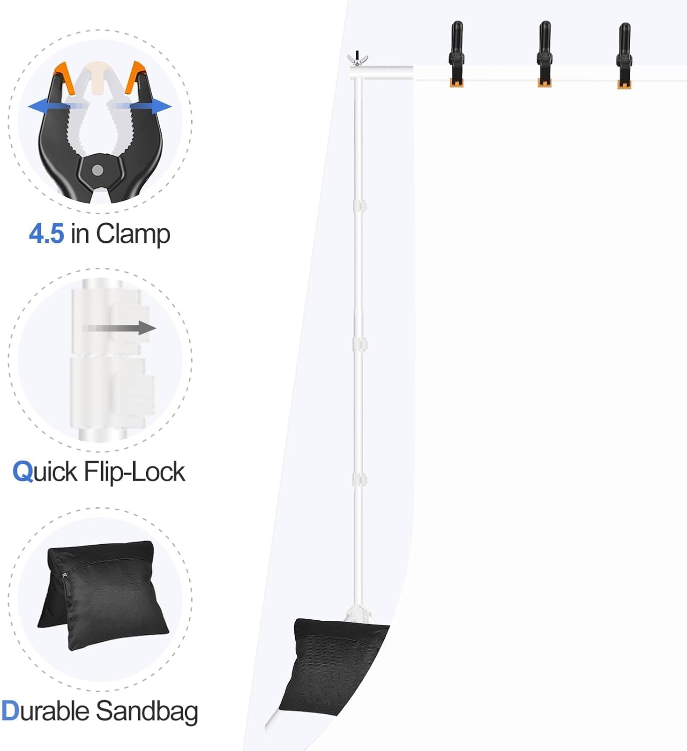 White EMART backdrop stand holding fabric with spring clamps, with close-ups of a 4.5-inch clamp, flip-lock and black sandbag.
