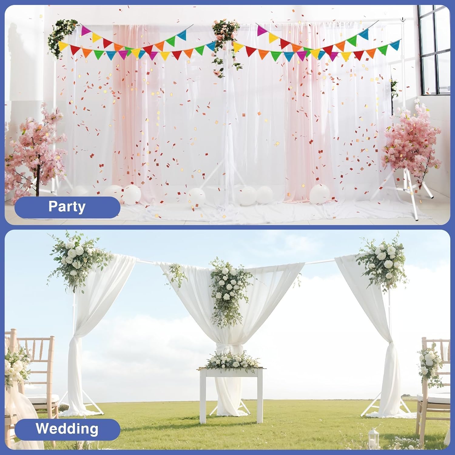 Two backdrop decoration examples showing colorful party bunting and pink drapes indoors, and white wedding drapes with flowers outdoors.