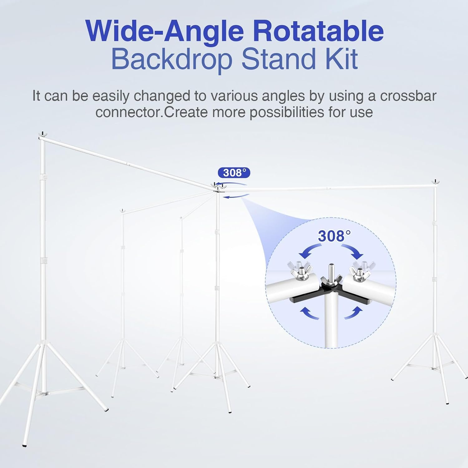 White three-stand backdrop frame in an angled configuration with a close-up of the rotating center connector labeled 308 degrees.