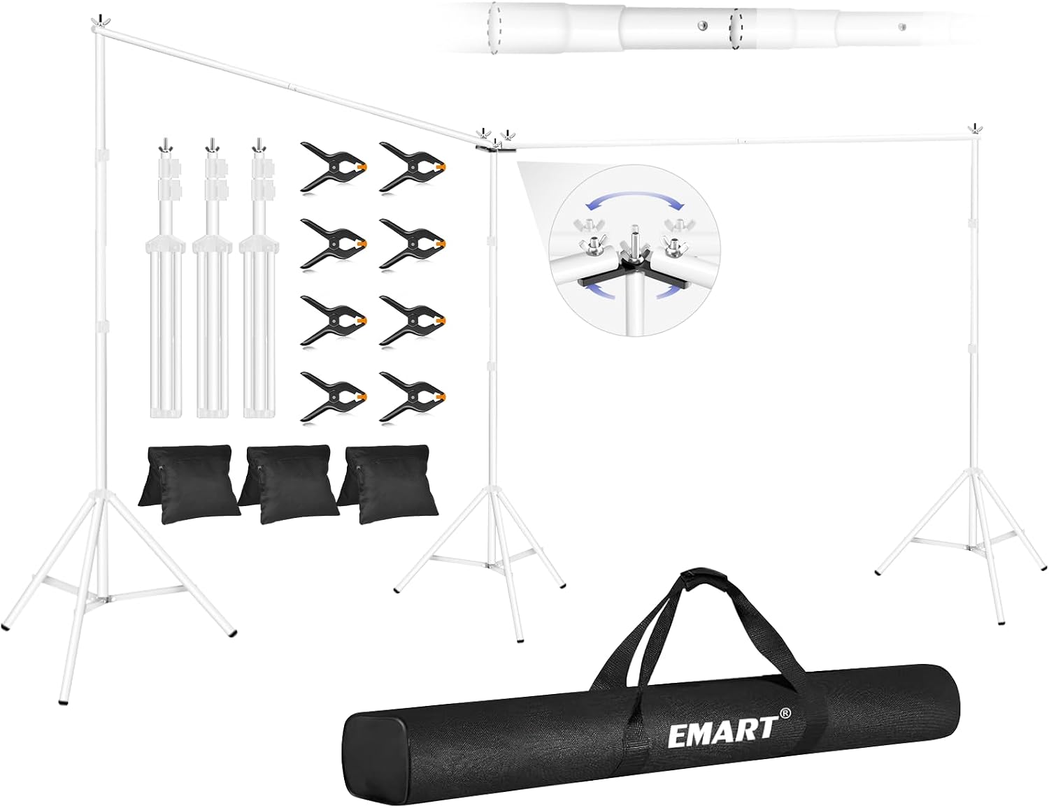 White EMART three-stand backdrop kit with rotating center connector, eight spring clamps, three sandbags and a black carrying bag.
