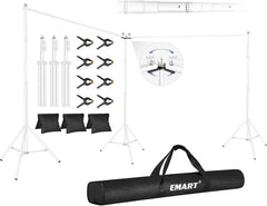 White EMART three-stand backdrop kit with rotating center connector, eight spring clamps, three sandbags and a black carrying bag.