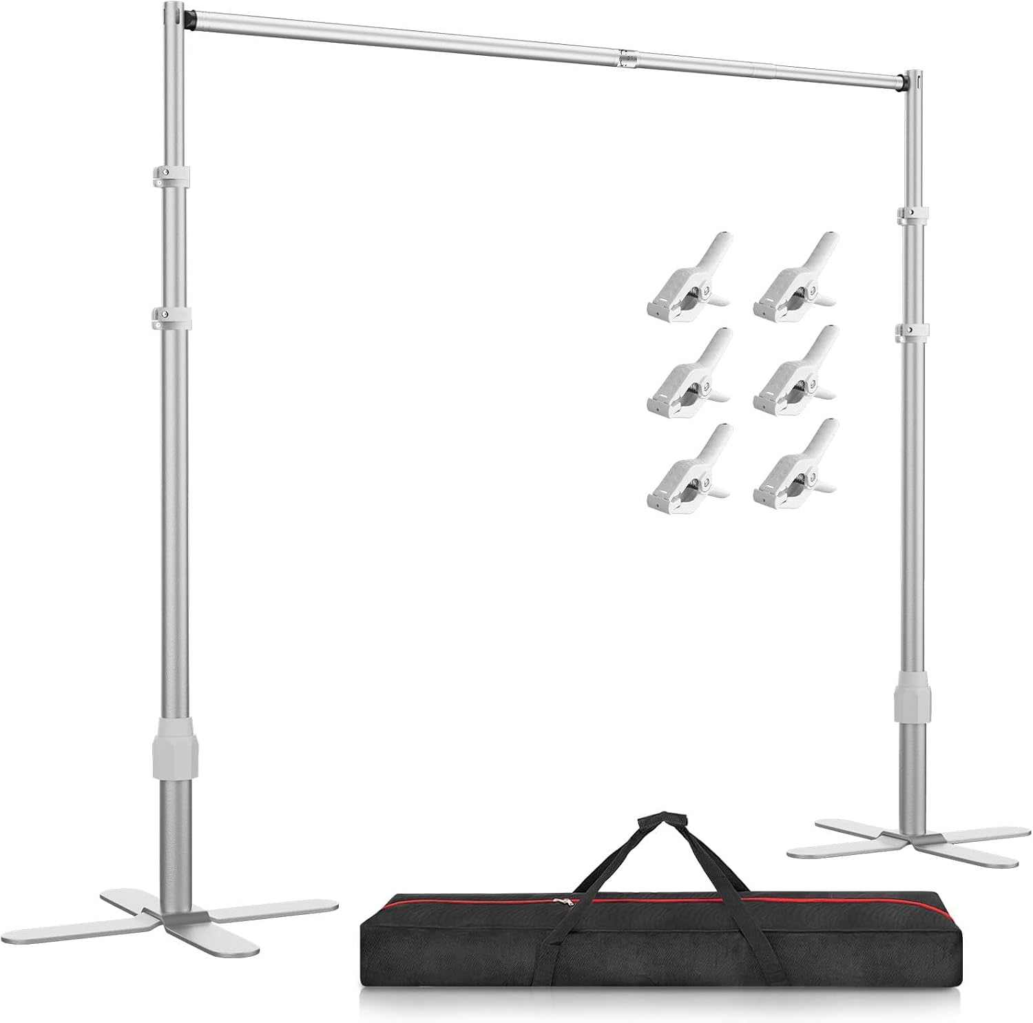 Silver backdrop stand with X-shaped bases, six white spring clamps and a black carrying bag.