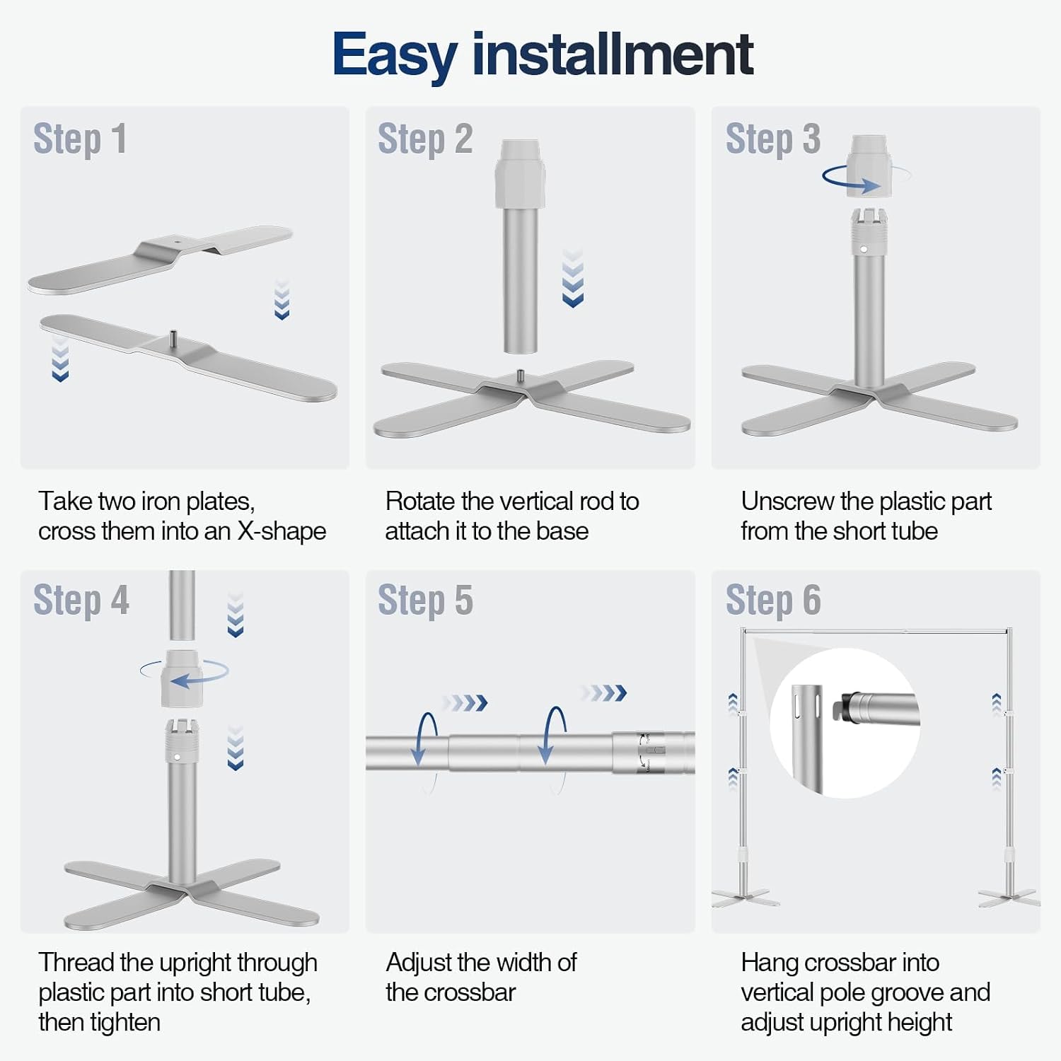 Six-step backdrop stand assembly diagram showing X-shaped bases, uprights and the adjustable crossbar.
