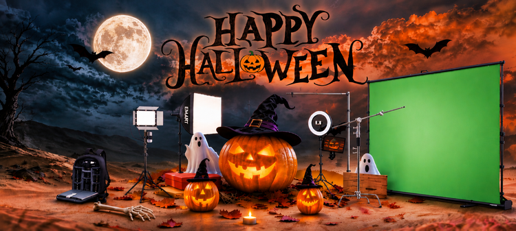Halloween themed studio backdrop scene with a large green screen, jack-o'-lanterns, witch hats, ghost props, lighting stands, and the text 'Happy Halloween' over a spooky outdoor-style set.