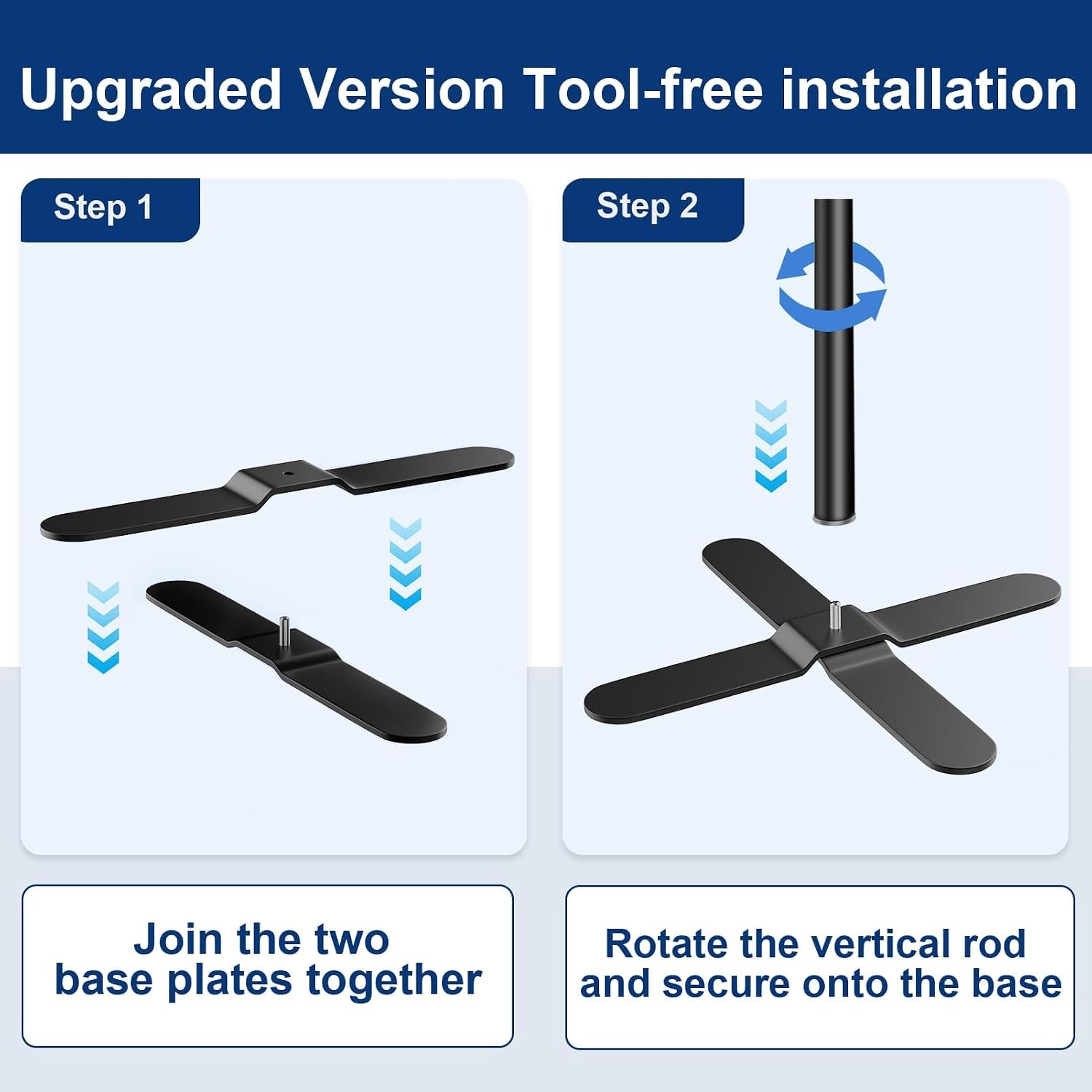 Two-step assembly diagram showing how to join the X-base plates and screw the upright pole onto the base.
