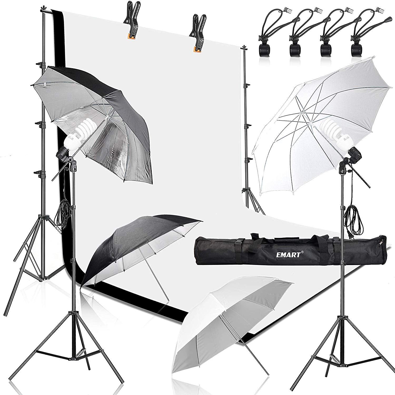 8.5 x 10 ft Stand Kit with 400W 5500K Umbrella Lighting Set, Black/White Backdrop