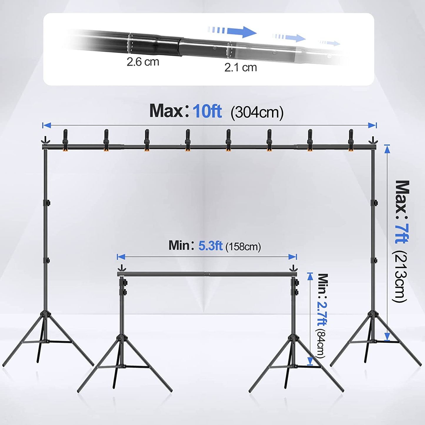 【Light Weight】 Flip-Lock Design Backdrop Stand with 2 Cross Bars