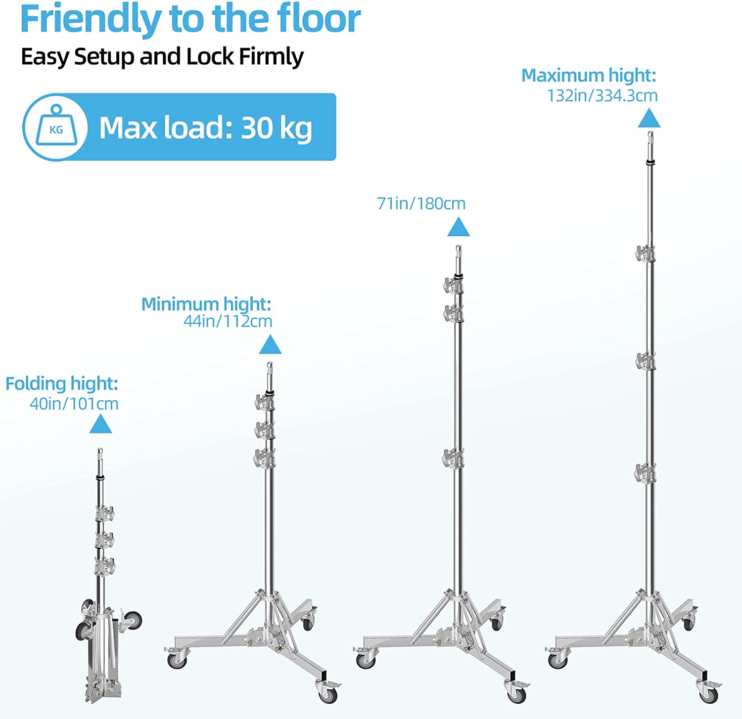 10.8ft/330cm Stainless Steel Light Stand with Casters, Spring Cushioned Heavy Duty Adjustable Rolling Photography Tripod Stand - EMART INTERNATIONAL, INC (Official Website)