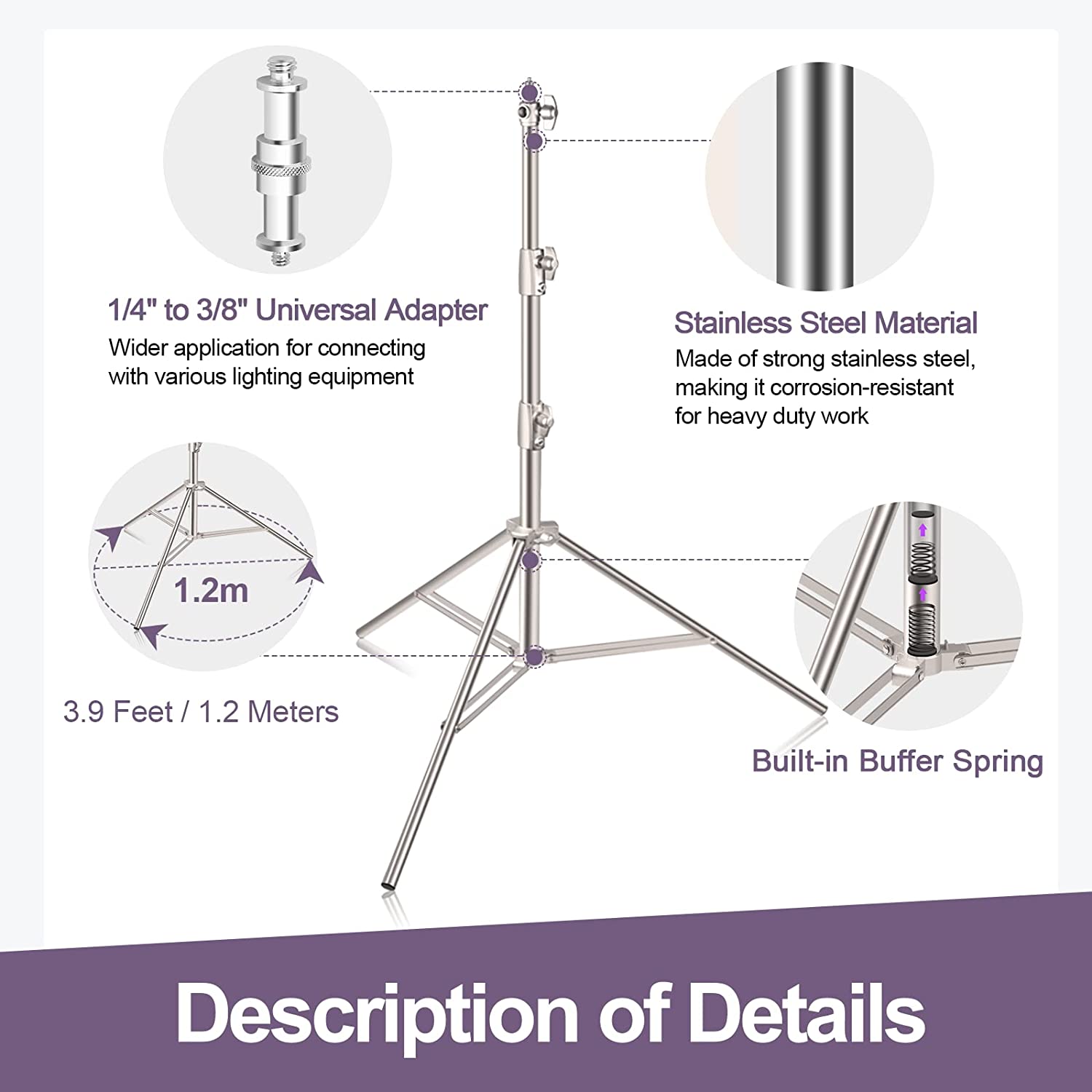 9.2ft/2.8m Stainless Steel Light Stand, Spring Cushioned Heavy Duty Photography Tripod Stand- 2 Pack - EMART INTERNATIONAL, INC (Official Website)