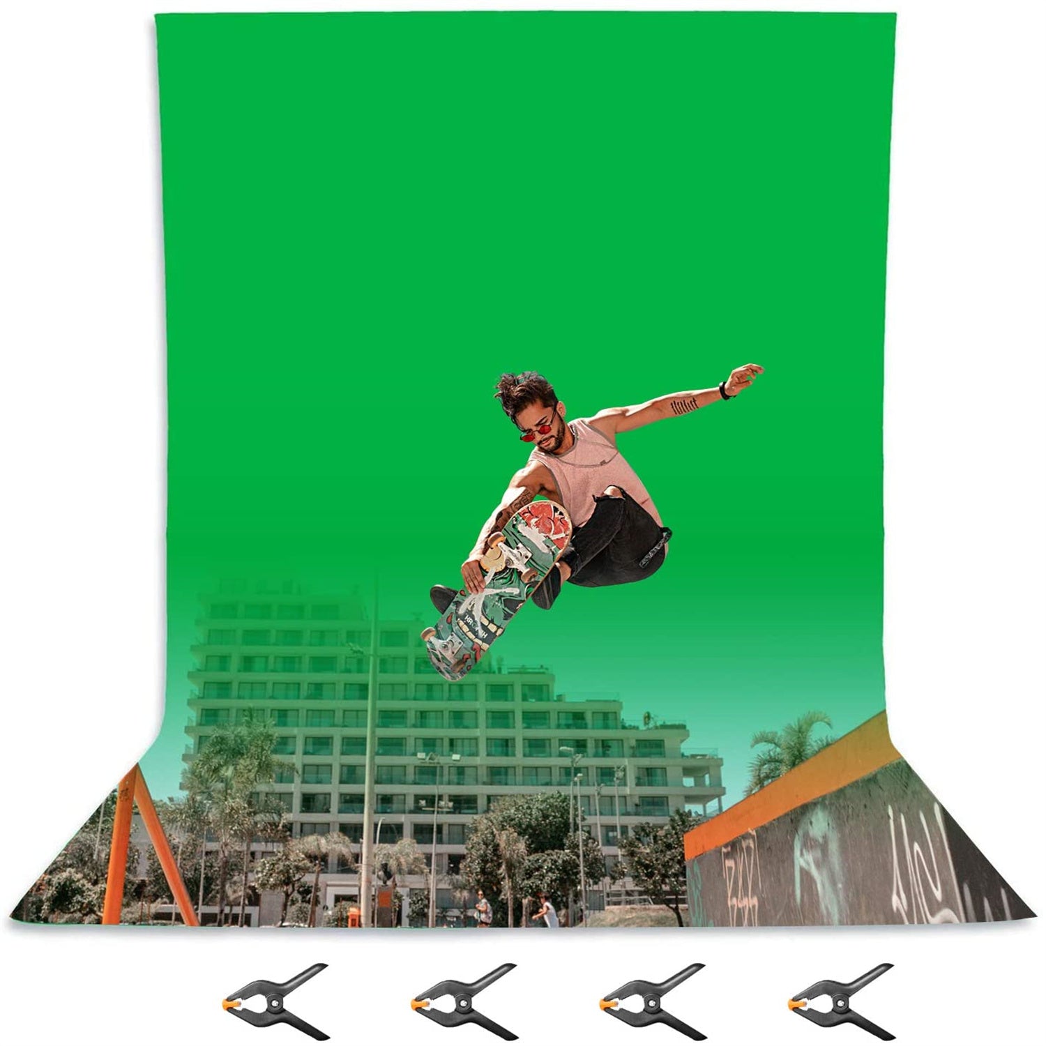 EMART Four Sizes Muslin Cloth Background, Photography Green Screen Backdrop with 4 Clamps