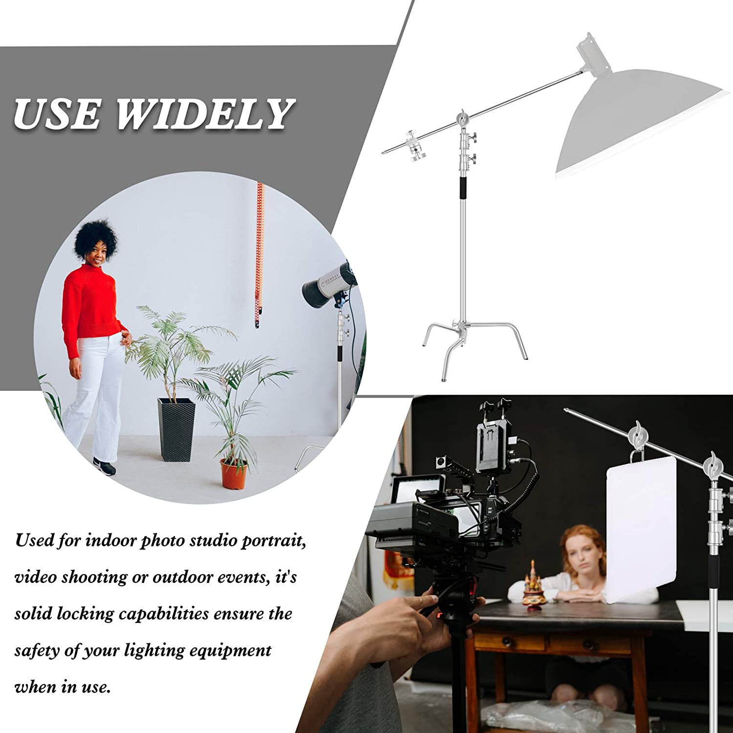 GVM Photography Heavy Duty C Stand with Boom Arm - Max Height 10ft/3.2m  Photography Light Stand with 3ft/1m to 7 ft/2.25m Holding Arm, C-Stand  &Grip
